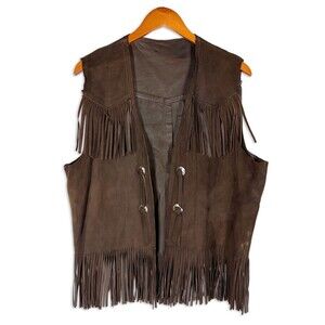 Vintage Campus Suede Fringe Vest Brown Western Biker Boho Made USA L